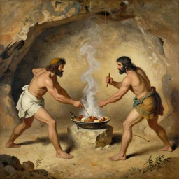 painting of cave men fighting over food