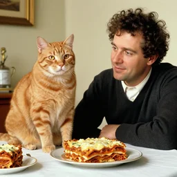 fat orange tabby cat next to curly haired man and lasagna on table, norman rockwell