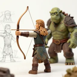 Claymation of Legolas drawing an archery-bow against an orc