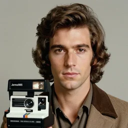 A photograph portrait of Jerma985 with medium length wavy hair, a combover and wearing late 1970s popped collared menswear in the late 1970s, taken in the late 1970s, grainy, taken on a 1970s Polaroid Camera, realistic, hyperrealistic, very realistic, highly detailed, very detailed, extremely detailed, detailed, digital art, trending on artstation, front facing, front view, detailed face, very detailed face