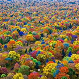 rainbow - colored trees, flowers, and animals dot the landscape as far as the eye can see, wide - angle perspective, trippy art style, vibrant colors