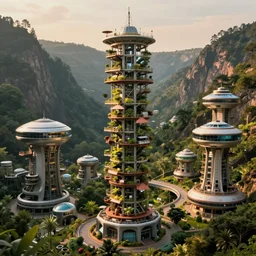 vertical farm towers and sci - fi round buildings in a steep sided valley with trees, a sense of hope and optimism, hyper realistic, high res, 4 k, warm light, edouard groult, bynde, kirill leonov, isaac zuren