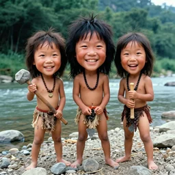a full - body portrait of little asian cuties caveman, have 3 times oversized head, smile expression, make stone tools at the river bank, holding the stone adze, a colorized photo, colorized, # film, movie still