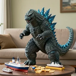 Godzilla on a couch snacking of ships