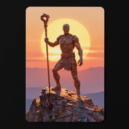 a human! made of rock holding a staff, sunset on top of a mountain, front game card, marvel comics, light, intricate, highly detailed, smooth, artstation, digital illustration by ruan jia and mandy jurgens and artgerm and wayne barlowe and greg rutkowski and zdislav beksinski