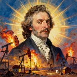 brilliantly colored lithograph of a fragmented portrait of John D Rockefeller blending into an oil field lit by luminous gas flares