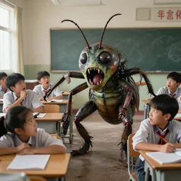 horrific insect monster attacking a classroom, scared students, realistic, 8 k, high detail,