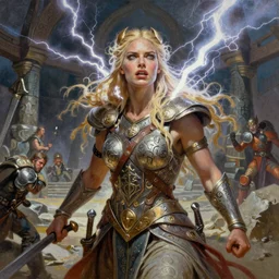 A mixed media painting of the beautiful blonde viking goddess of war infused with lightning, very aesthetic, detailed face, by Frank Frazetta, Greg Rutkowski, Boris Vallejo, Beeple, Yoko Taro, Christian MacNevin, epic fantasy character art, goddess of anger, viking runes, high fantasy, CGsociety, full length, exquisite detail, post-processing, low angle, masterpiece, cinematic, odin's stone arena background