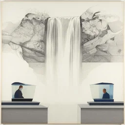 waterfall by dan mumford and peter doig and edward hopper, symmetrical, minimal, black ink, thin lines highly detailed, muted colours, masterpiece 8 k