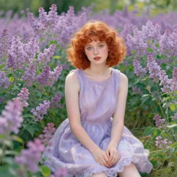 portrait of cute girl with short curly red hair sitting in a field of lilac flowers, Monet painting of a modern girl