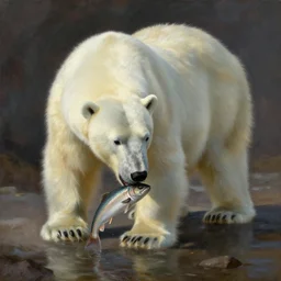 scientific oil painting of polar bear catching a fish by anders zorn, wonderful art by greg rutkowski, incredible lighting, shadows, beautiful cinematic light