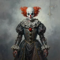 by tom bagshaw, ultra realist soft painting of sci fi carnival of curiosities, single steampunk mutated as a dollpunk clown in a full body gothic robe, partial symmetry accurate features, very intricate details, focus, curvy, award winning, ultra dense fog