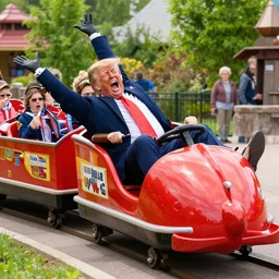 Photo of Donald J. Trump falling off of a kiddy train, screaming, taken in Silver Dollar City