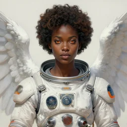 portrait of very very very very very very beautiful african woman with angels wings, spacesuit, orange eyes, intricate, elegant, highly detailed, digital painting, artstation, concept art, smooth, sharp focus, illustration, art by artgerm and greg rutkowski and alphonse mucha