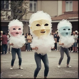 photo of dancers made from cotton candy  in big geometric MASKS, smudge, lo fi, mix, texture, lomography