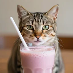 a tabby cat blended into a smoothie but the head is looking at the camera