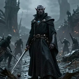 ( ( ( ( ( hyperrealist cg of an dark elf in wizard robes on a rainy battlefield. ) ) ) ) ) by daniel f. gerhartz and matt stewart, fantasy, photorealistic, octane render, unreal engine, dynamic lighting, perfect factions, very detailed faces, trending on artstation, poster, volumetric lighting, 4 k, award winning