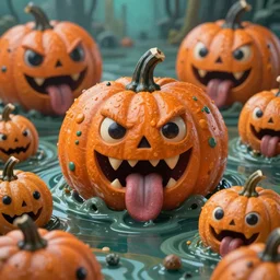 intricate colourful murky with strange cute friendly angry crazy pumpkin creatures with huge eyes long tongue triangle teeth and scary face appearing from the water, in the style of craola, macro lens, shallow depth of field, highly detailed, digital painting, trending artstation, concept art, illustration, cinematic lighting, vibrant colors, photorealism, epic, octane render