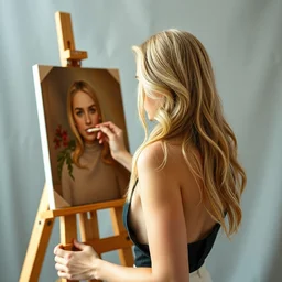 gwyneth paltrow, stands at her easel, painting a self portrait