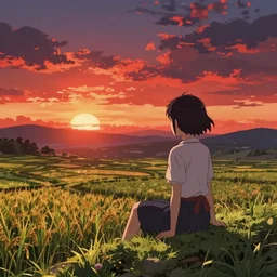 reimu sitting on a hill overlooking rice paddies during sunset cinematic, deep vibrant colors, anime illustration, anime composite background