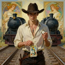 a dramatic ethereal epic symmetrical painting of a handsome villainous cowboy standing in front of railroad tracks with a train locomotive | his shirt is unbuttoned and he has a pocketwatch | tarot card, art deco, art nouveau, homoerotic, realistic | by Mark Maggiori and ((Alphonse Mucha)) | trending on artstation