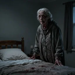 an old woman standing by my bed at night, photorealistic horror, ultra realistic, dark gloomy, by jessica rossier, 4 k resolution
