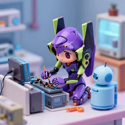 color digital photo of nendroid figures inside a diorama of a laboratory : : a cute female long - haired robot in the style of evangelion is repairing computers. she is being helped by a robot that resembles a household appliance.
