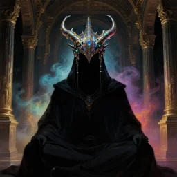 a close - up view portrait of a silhouetted supernatural wizard meditating with iridescent metallic technology headwear in sci - fi baroque neoclassicist halls. detailed textures. glowing colorful fog, dark black background. highly detailed fantasy science fiction painting by moebius, norman rockwell, frank frazetta, and syd mead. rich colors, high contrast. artstation