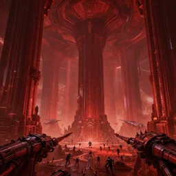 the depths of a vast artificial world with massive towering pillars holding the ceiling of the landscape up, detailed, ruby coloration, energetic beings patrolling, extreme depth, wayne barlowe and peder balke collaboration, godrays, colossal hovering machine automations of brutalist design visible in the foreground