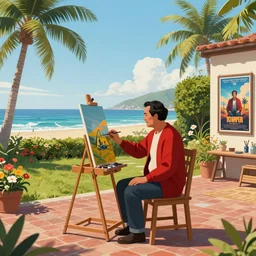 a middle aged man with black hair wearing a red cardigan sitting at a painting easel in his beachside back yard, palm trees and flowers everywhere, brick patio, overlooking the ocean, hedges, movie poster, digital painting, trending on artstation, illustration, cinematic lighting, vibrant colors, photorealism, epic, octane render