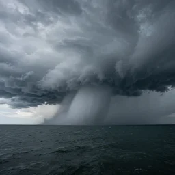 ultra wide angle matte painting of lake erie with ominous cumulus storm clouds, choppy water, giant swirling water spouts, atmospheric and creepy
