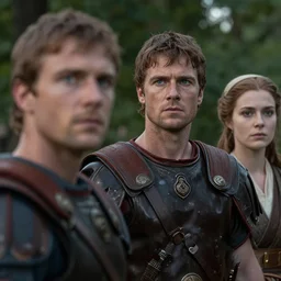 sharp, highly detailed, film from a 2 0 1 9 sci fi 8 k movie, time travelers suddenly appear in a park in 2 0 1 9, a man from the roman empire and a woman from 1 8 6 0, atmospheric lighting, in focus, reflective eyes, 3 5 mm macro lens, live action, nice composition,
