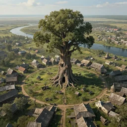 town town town ancient hollow tree tree tree airborne airborne view of a downtrodden medieval town by a river in a swamp with a tall ancient hollow tree in its center, 4k, by Greg Rutkowski, fantasy, blend of Mongolian and Rus architecture, cinematic