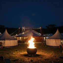cinematic wide shot of a circus in a field at night with numerous large tents and a large cauldron with a white flame, 4 k