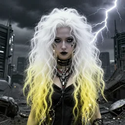 highly detailed portrait of wasteland punk long curly bright white plasma electricity hair tribal lady, stray electric spark wiring by atey ghailan, james gilleard, by joe fenton, by greg rutkowski, by greg tocchini, by kaethe butcher, 4 k resolution, gradient yellow, black and white color scheme!!! ( ( lightning cloudy robotic dystopian city background ) )
