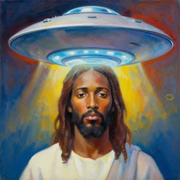 a UFO hovering over the head of an African Jesus, a colourful painting by Hsiao-Ron Cheng,