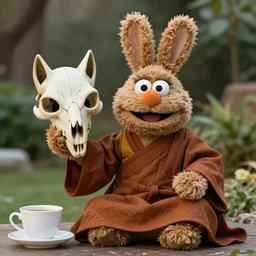 a fluffy brown rabbit muppet wearing monk garb and holding a wolf skull mask and sat beside a cup of tea, photorealistic, nature, photography, national geographic, sesame street