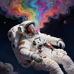 sleeping astronaut floating in space with head bursting into colorful liquid smoke and clouds, an extremely colorful psychedelic experience, dmt, psilocybin, lsd, face, detailed, intricate, elegant, highly detailed, digital painting, artstation, concept art, smooth, sharp focus, illustration, art by krenz cushart, hana yata, and artem demura and alphonse mucha, octane render, unreal engine, 8 k