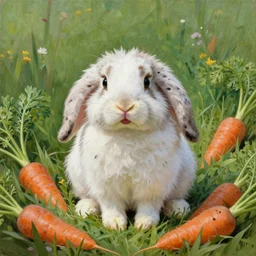 beautiful painting by rembrandt, floppy ears rabbit in a grassy field surrounded by carrots, white with black spots, happy, photo, trending on artstation