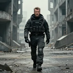 concept art in the style of jon mccoy of the next james bond film featuring an older pierce brosnan, who is in tactical winter gear walking towards a brutalist structure in the distance, highly detailed, 8 k