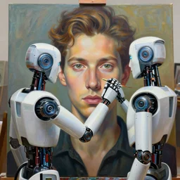 robot artist painting a self - portrait on a canvas. intricate, highly detailed, digital matte painting, in the style of alexandros pyromallis, and in the style of sachin teng, and in the style of hans thoma, and in the style of peter mohrbacher. irony, recursion, inspiration.