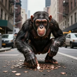 a chimpanzee picking up pennies on a street in manhattan, breathtaking, detailed and intricate environment, hyperrealistic