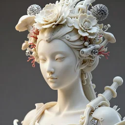 hyper detailed ultra sharp portrait of a beautiful porcelain ivory woman, well contoured smooth skin, up close shot, sharp focus, global illumination, radiant light, biomechanical headdress made of flowers, cyberpunk brackets, mushrooms, silver puffballs, silver white red rhizomorphs, alexandre ferra white mecha, irakli nadar, octane highly render, 4 k, ultra hd,