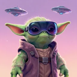 cyberpunk concept cool yoda warrior bot, galaxy, ufo, space sci - fi, wearing vr goggles, illustration, portrait, pastel neon textured background night, trending on artstation, greg rutkowski, octane rendered, 1 2 k, detailed,