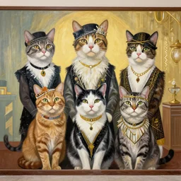 a mural of 5 cats, dressed in roaring twenties costumes, in the style of a realistic painting