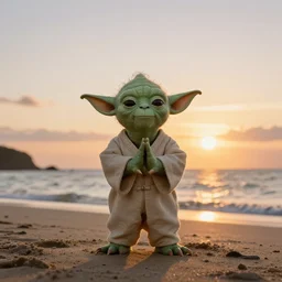 Yoda doing yoga on the beach at sunset