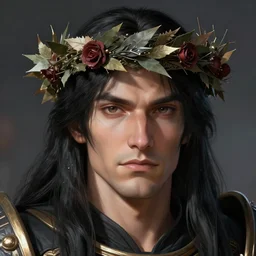 the emperor of mankind, beautiful face, long black hair, a wreath on his head, digital painting, photo realism, super realistic detail, warhammer world 4 0, 0 0 0