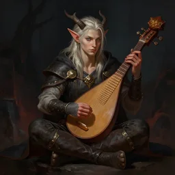 a digital painting of a man satyr elf on a dark background, a character portrait by nina tryggvadottir, featured on deviantart, fantasy art, d & d, official art, concept art, young pan bard with lute character design from baldur's gate 3, hellish background, chiaroscuro, flickering light