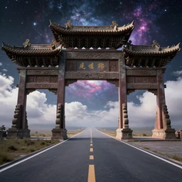in universe, a sacred road leads into the distance, at the end of the road is an ancient chinese architectural archway with the universe in the background, clouds in middle, ultra realistic.