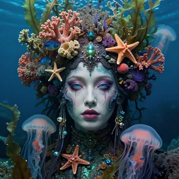 hyperrealistic detailed underwater face portrait of the beautiful goddess of the jellyfish with an intricate headgear of corals, sea kelp, sea plants, fish, starfish, jellyfish, art by ernst haeckel, john william godward, android jones, alphonso mocha, gothic - cyberpunk, ornamental, beautiful deep colours,